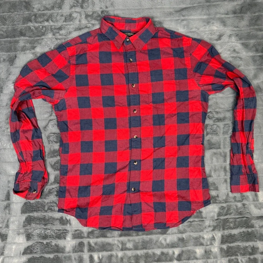 Banana Republic Luxe Flannel Grant Fit Shirt Mens Medium Red Navy Buffalo Plaid